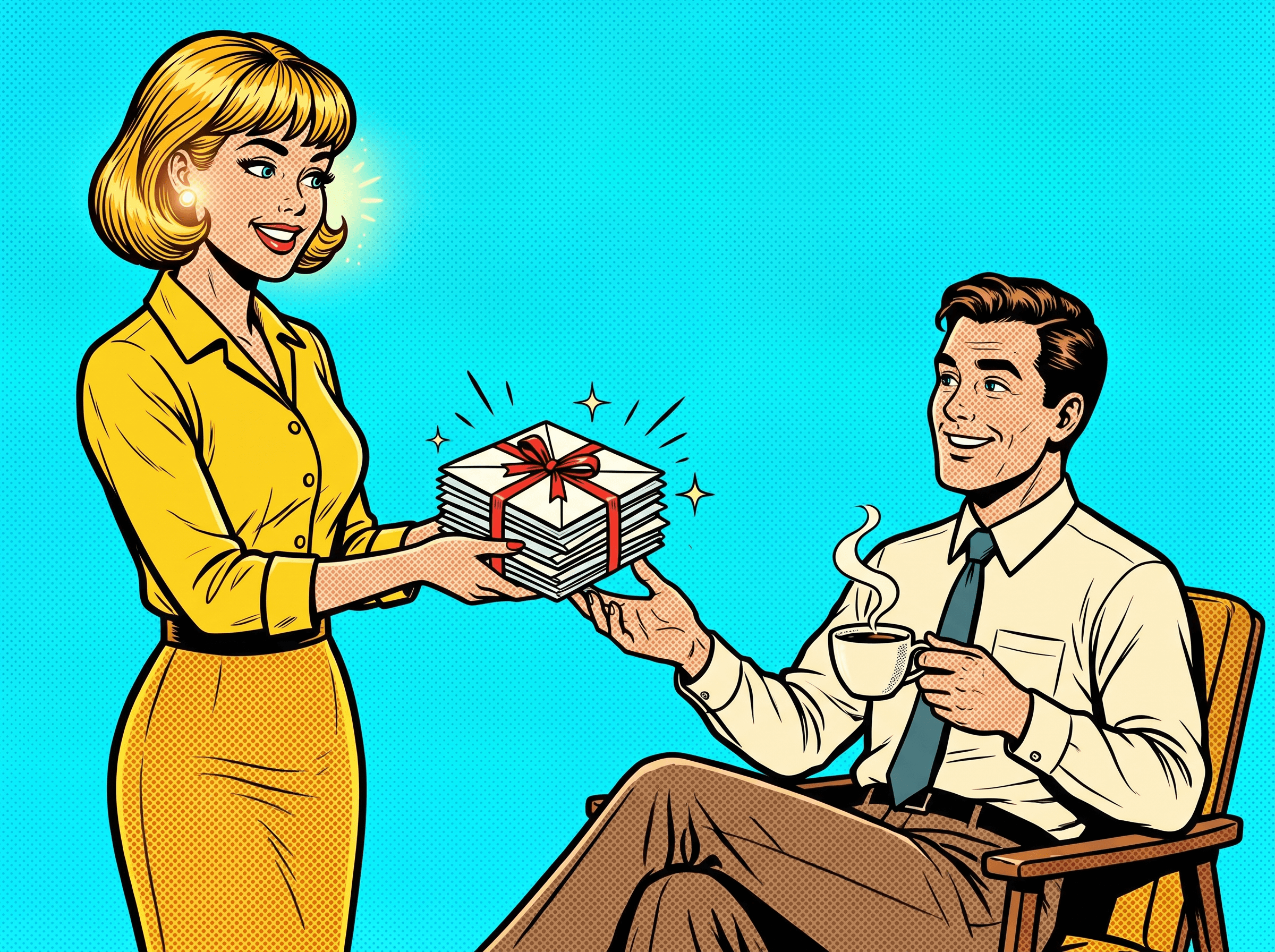 Betty handing a neat stack of sealed letters to a relaxed, smiling boss