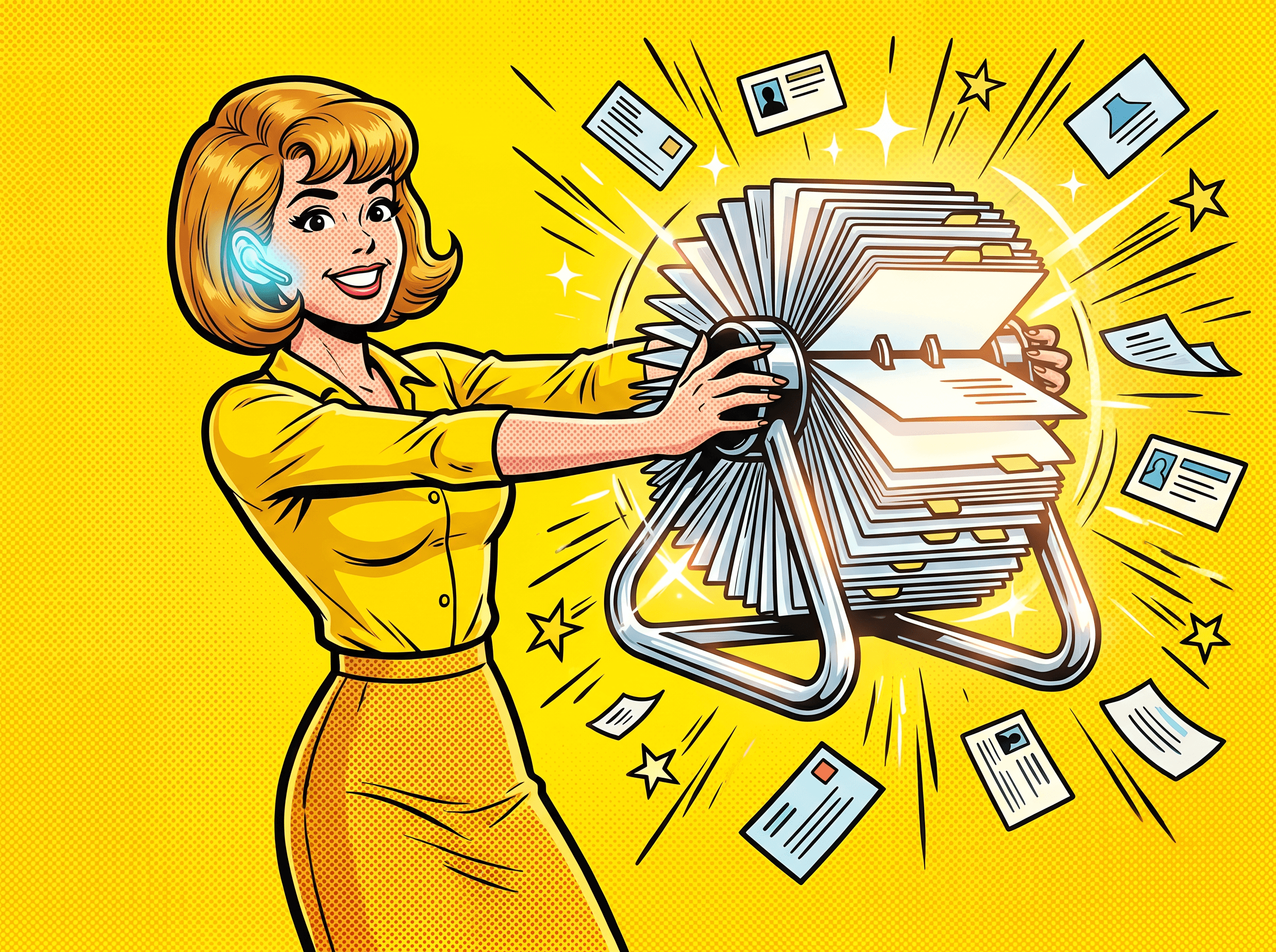 Betty confidently spinning a massive, glowing futuristic Rolodex