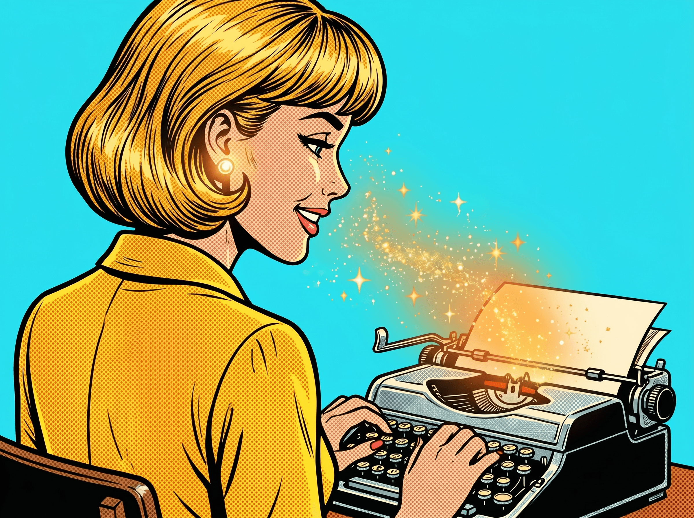 Betty typing on a vintage 1960s typewriter with magical golden dust